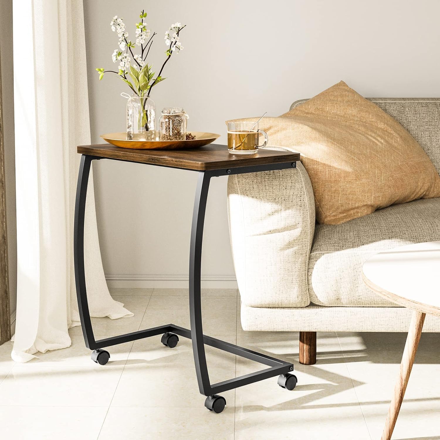 sriwatana side table, c-shaped end table with rolling wheels,rustic sofa couch table for laptop coffee snack, dark walnut dark walnut w/ caster