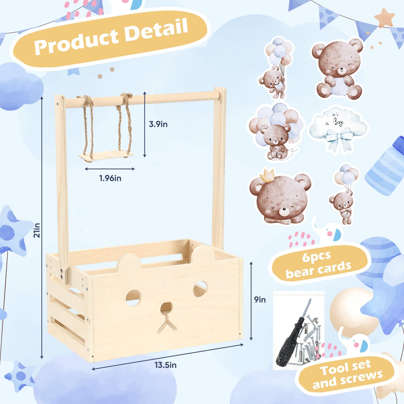Cinnvoice Geschenkkörbe für Babypartys, mit Aufhänger, Holzkiste, Schrank, Bärenkarten, Dekoration, Kiste für Babys, Jungen, Mädchen, Schwangerschaft, neue Eltern, Geschenke (Blau, It's a Boy)