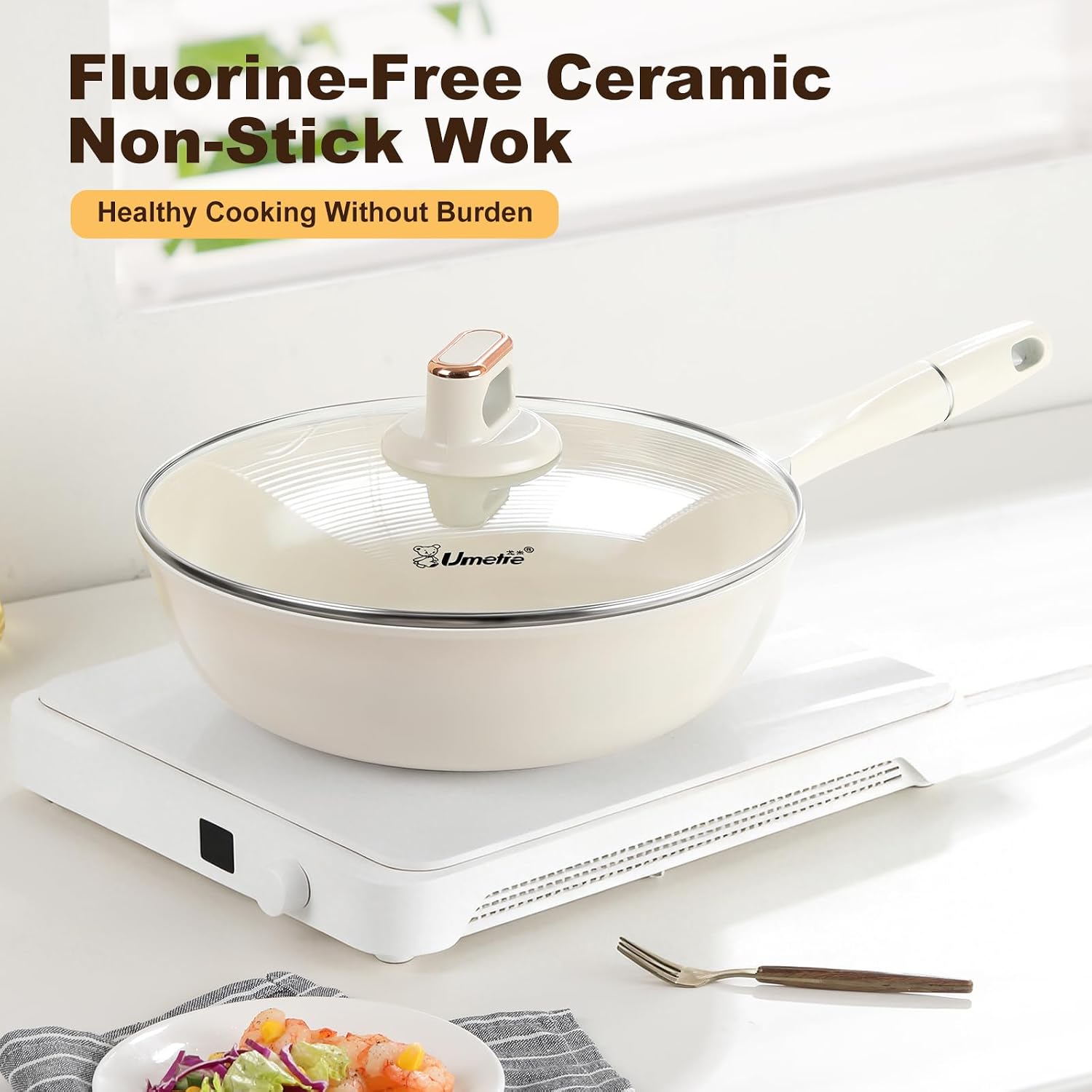 11 INCH Nonstick Wok Pan with Glass Lid, Deep Ceramic Coated Skillet
