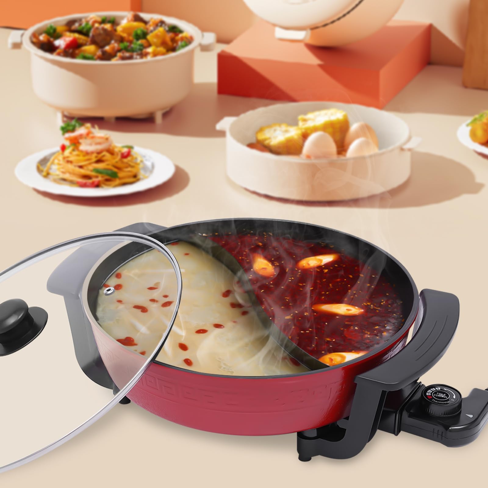 1300W 6L Twin Hot Pot Pot Pot avec couvercle Hotpot électrique 2 Pièces Cuisine Cuisine Outil de cuisine Rouge
