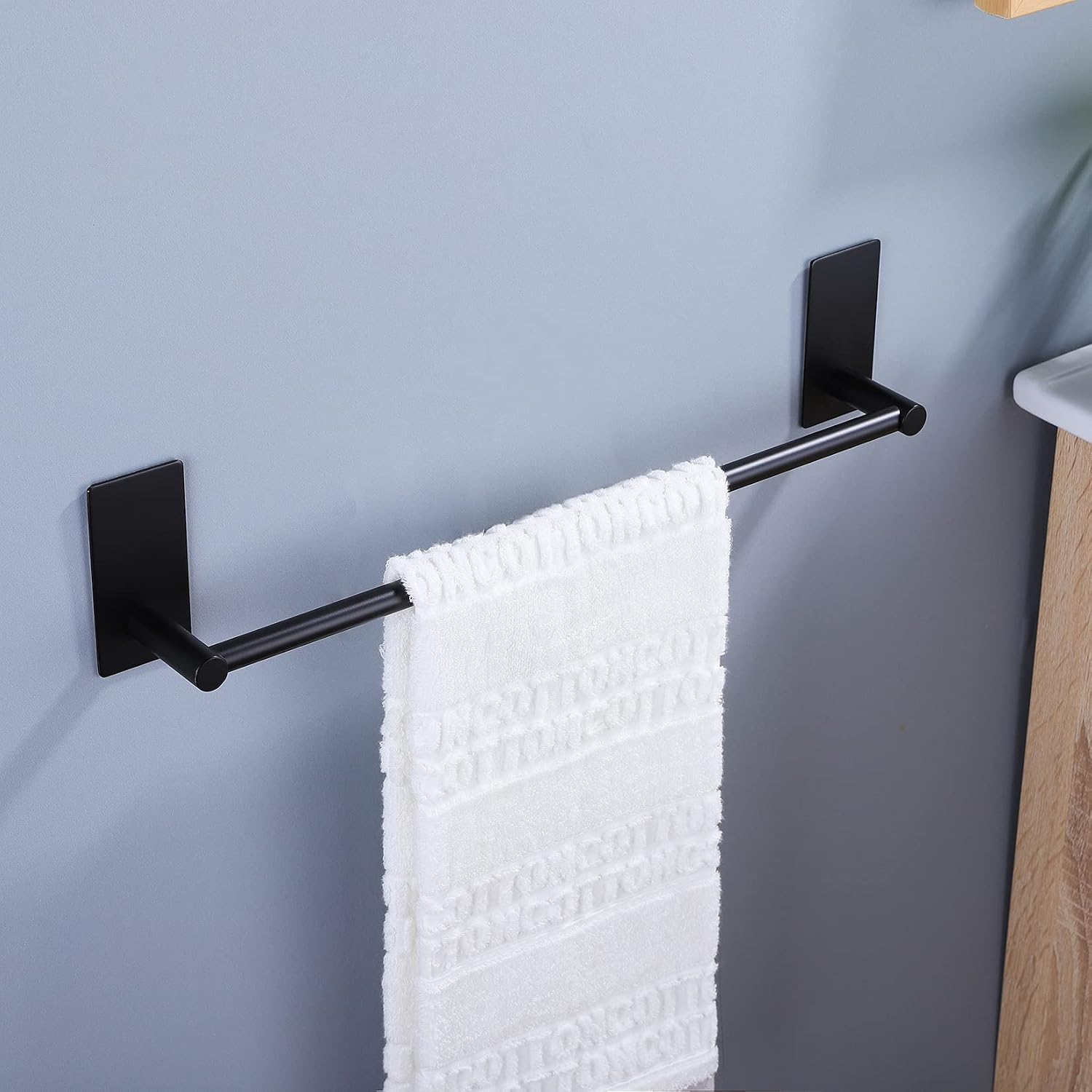 Taozun 16-Inch Self-Adhesive Towel Bar with 2 Hooks, Black Towel Holder image 3