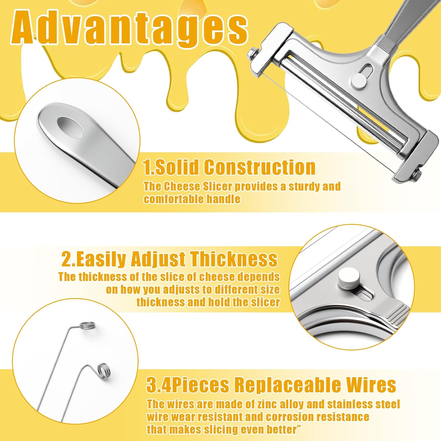 Stainless Steel Wire Cheese Slicer With 4 Extra Wires Adjustable Thickness