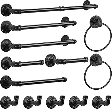13-Pieces Towel Bar Set Black Bathroom Hardware Set Industrial Pipe Bath Towel Rack Accessories Kit Wall Hand Towel Bar, Toilet Paper Holder, Towel Ring, Robe Towel Hooks, Kitchen Tissue Paper Hanger
