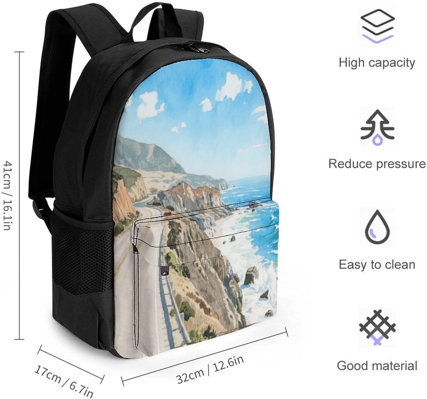 Highway 1 Ocean View Backpack Daypack Travel Backpack | Lightweight Casual Laptop Backpack for Women Men Aesthetic Travel Bag for Weekender Business Hiking Outdoor
