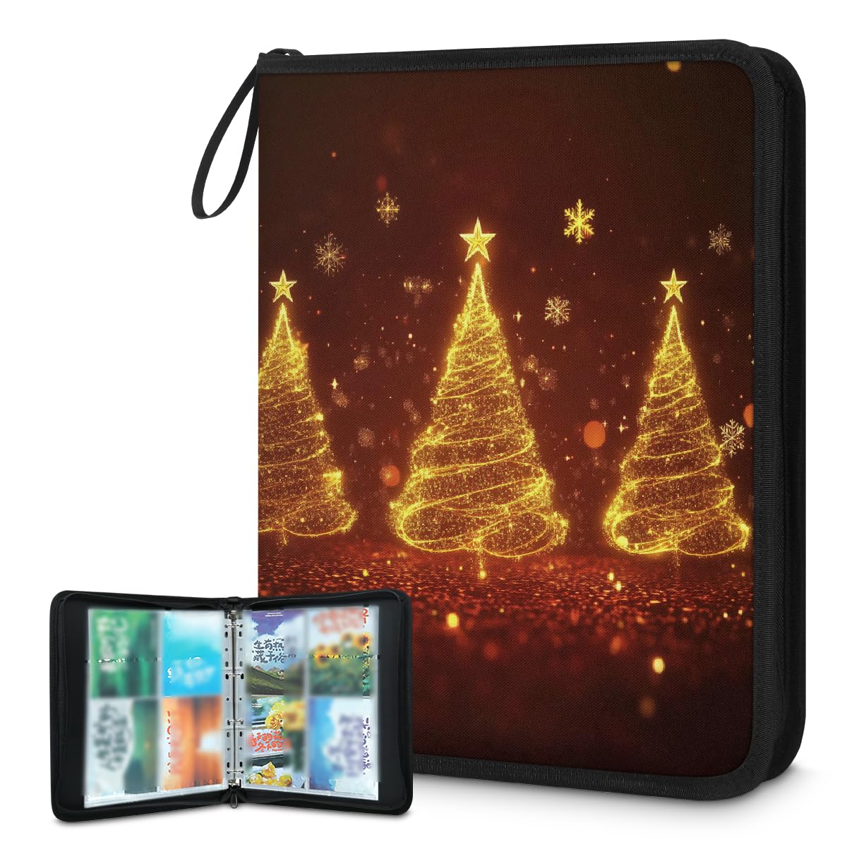 Classeur pour cartes à collectionner - 4 poches - Motif sapin de Noël - Doré - Avec pochettes amovibles - Étanche - Avec fermeture éclair - Capacité de 50 pages - 400 cartes