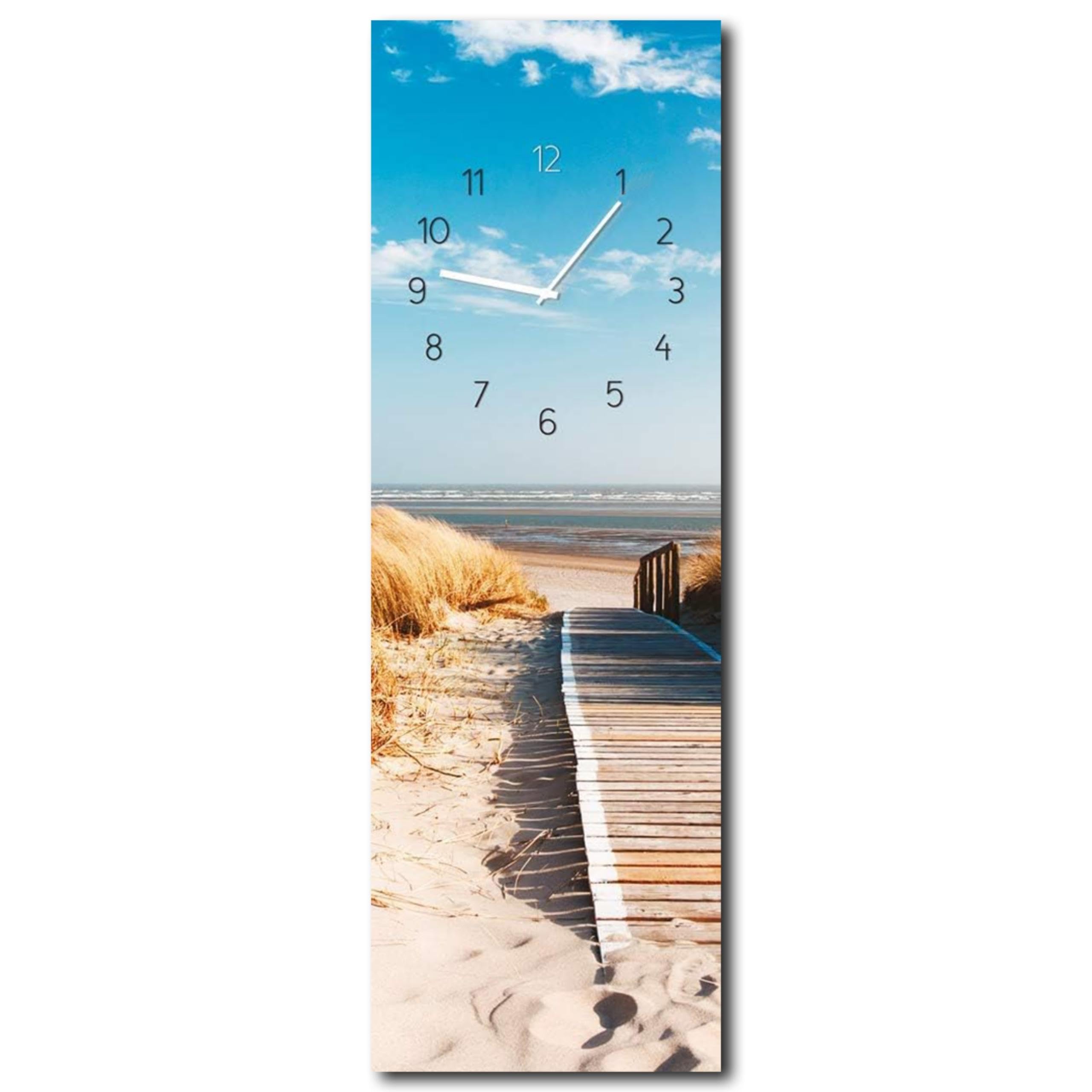 Wanduhr Sunny Beach 20 x 60 cm (OHNE TICKGERÄUSCHE) – Glasuhr inklusive Wandaufhängung – Lautlose Uhr Made in EU für Wohnzimmer, Esszimmer, Flur oder Schlafzimmer – einfache Montage