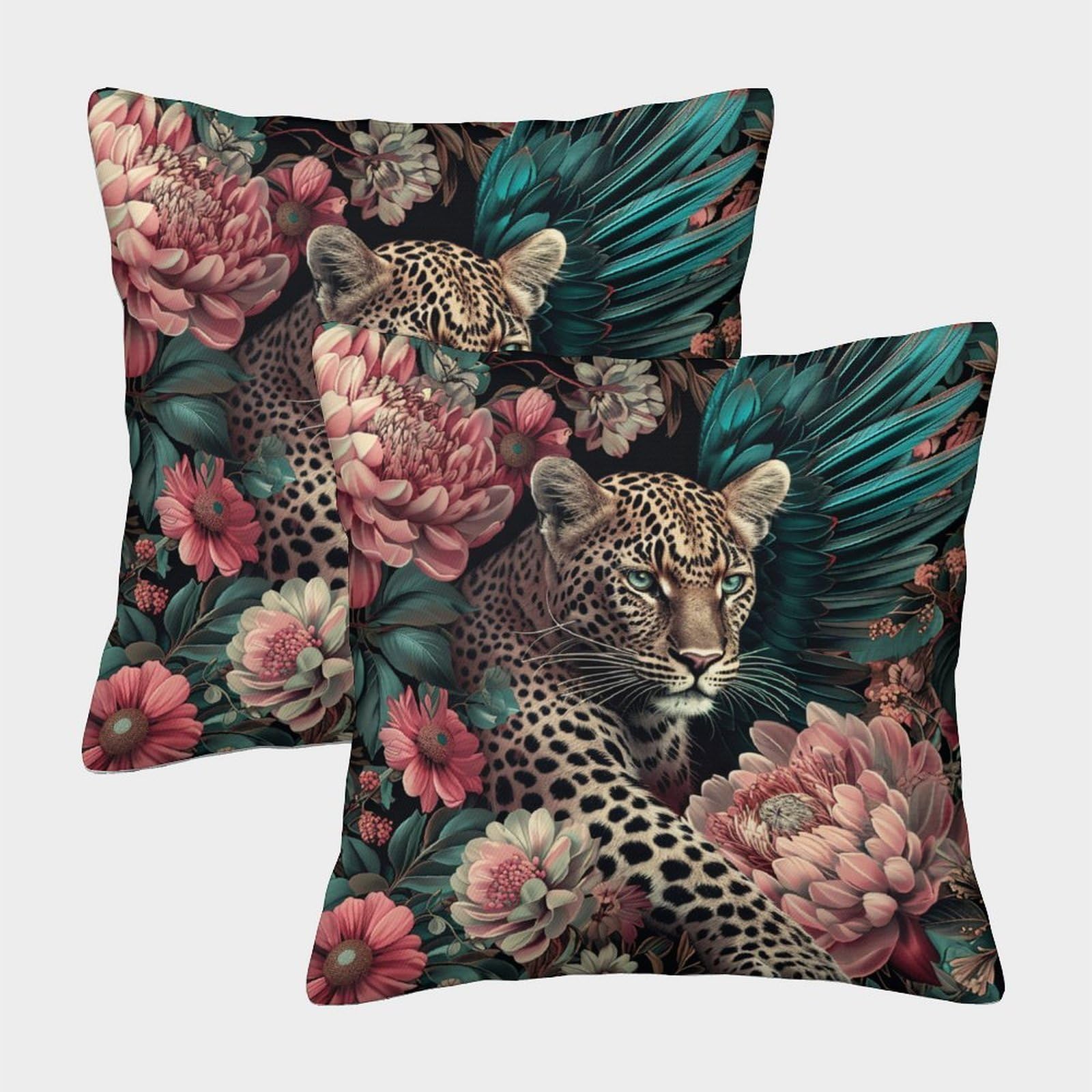 kaiyun 2 Pack Leopard,Flowers Personalised Cushion Cover Home Sofa Decoration 45x45cm Pillow Covers