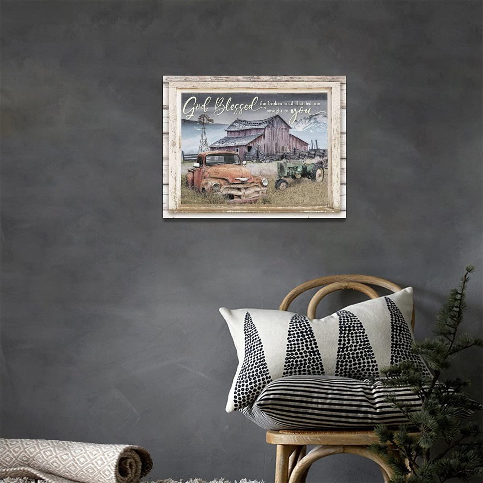 CXHOSTENT Leinwandbild „Landhaus LKW Mit Blumen“ – 70x105 Cm, Bauernhaus-Stil, Fertig Aufgezogen, Für Wohnzimmer, Küche, Badezimmer