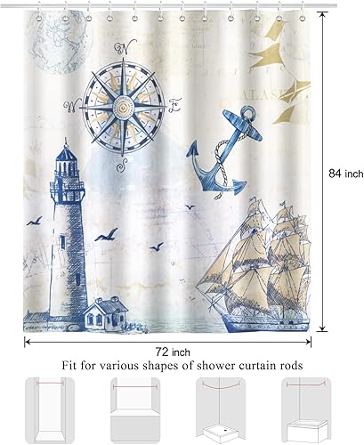 Miniatura 6 de Bonhause Cortina de ducha de barco náutico para baño, faro, brújula, ancla, cortina de baño decorativa, 72 x 84 pulgadas, tela de poliéster, cortina