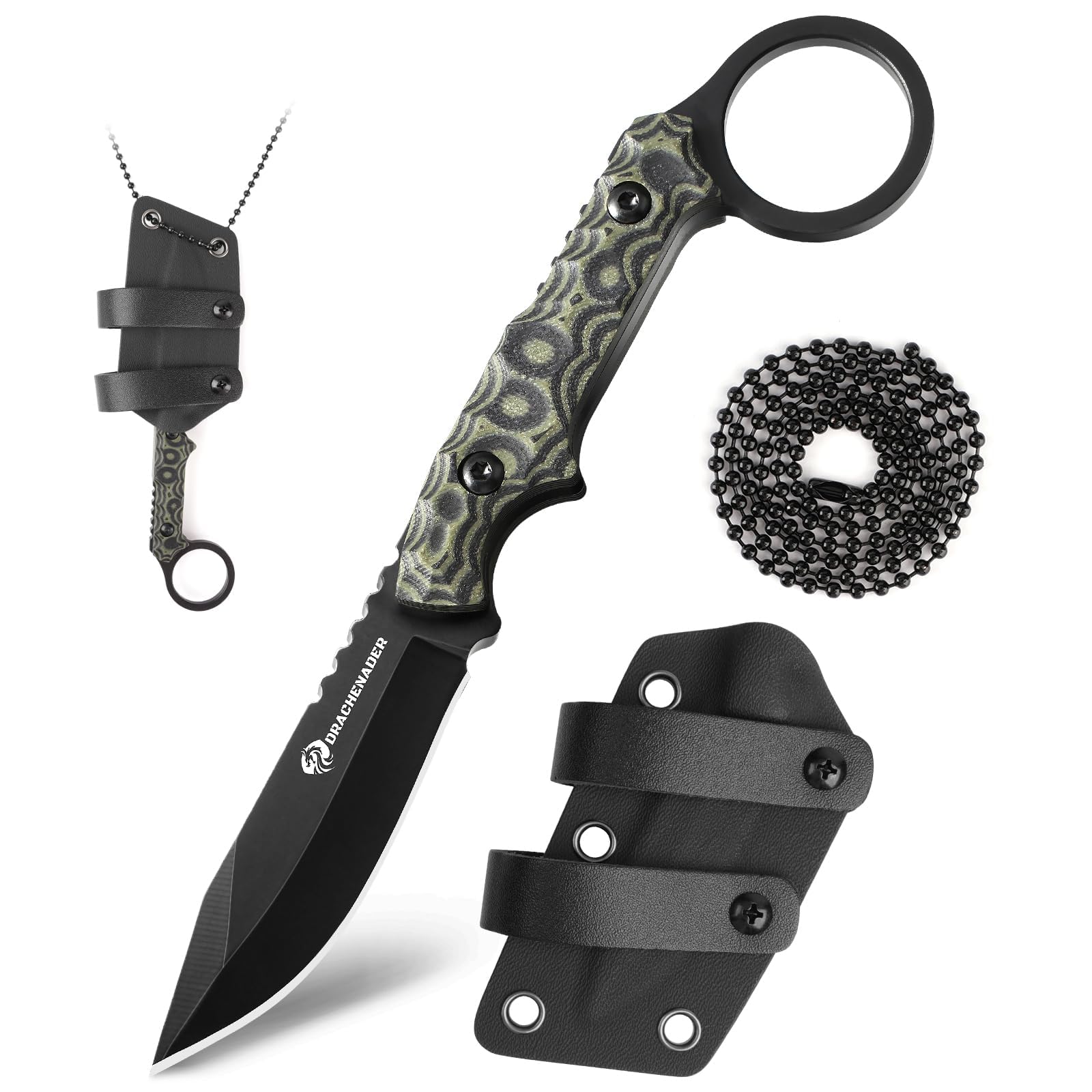 DRACHENADER Neck Knife with Sheath, G10 Handle, Fixed Blade