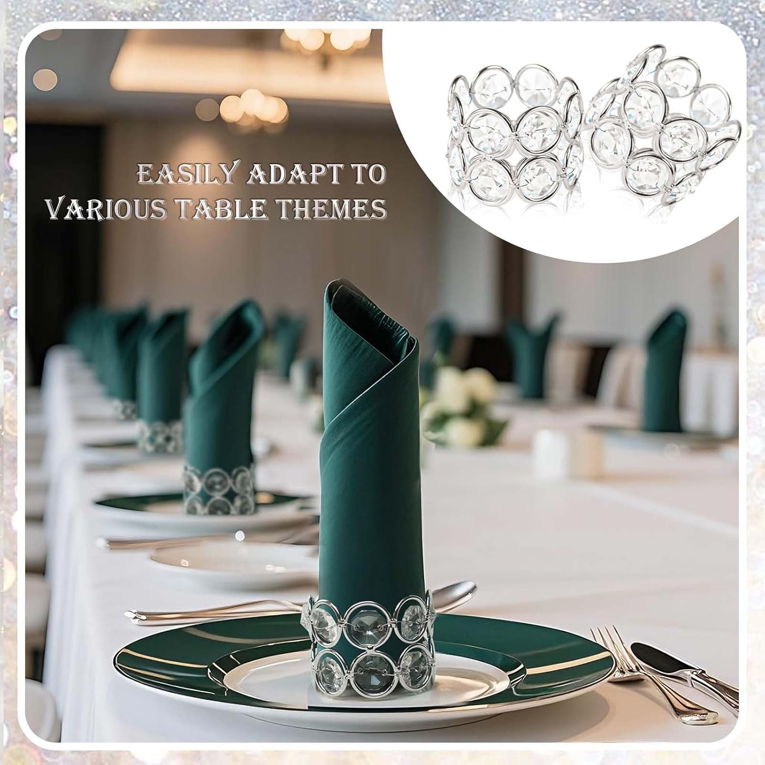 Crystal Metal Napkin Rings Set, Elegant Wedding/Party Table Decor, Shiny Holiday Dinner Accessories Bulk, Bridal Shower Gift, Anniversary, Christmas, Home Decor Essentials (Silver, 12-Pcs)