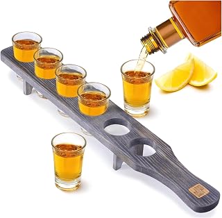 Shot Glasses Bulk Serving Tray and Shot Glass Set of 6 – Tequila Shot Glasses with Wooden Holder – Small Clear For Restaurant, Bar, Party (Weathered Grey)