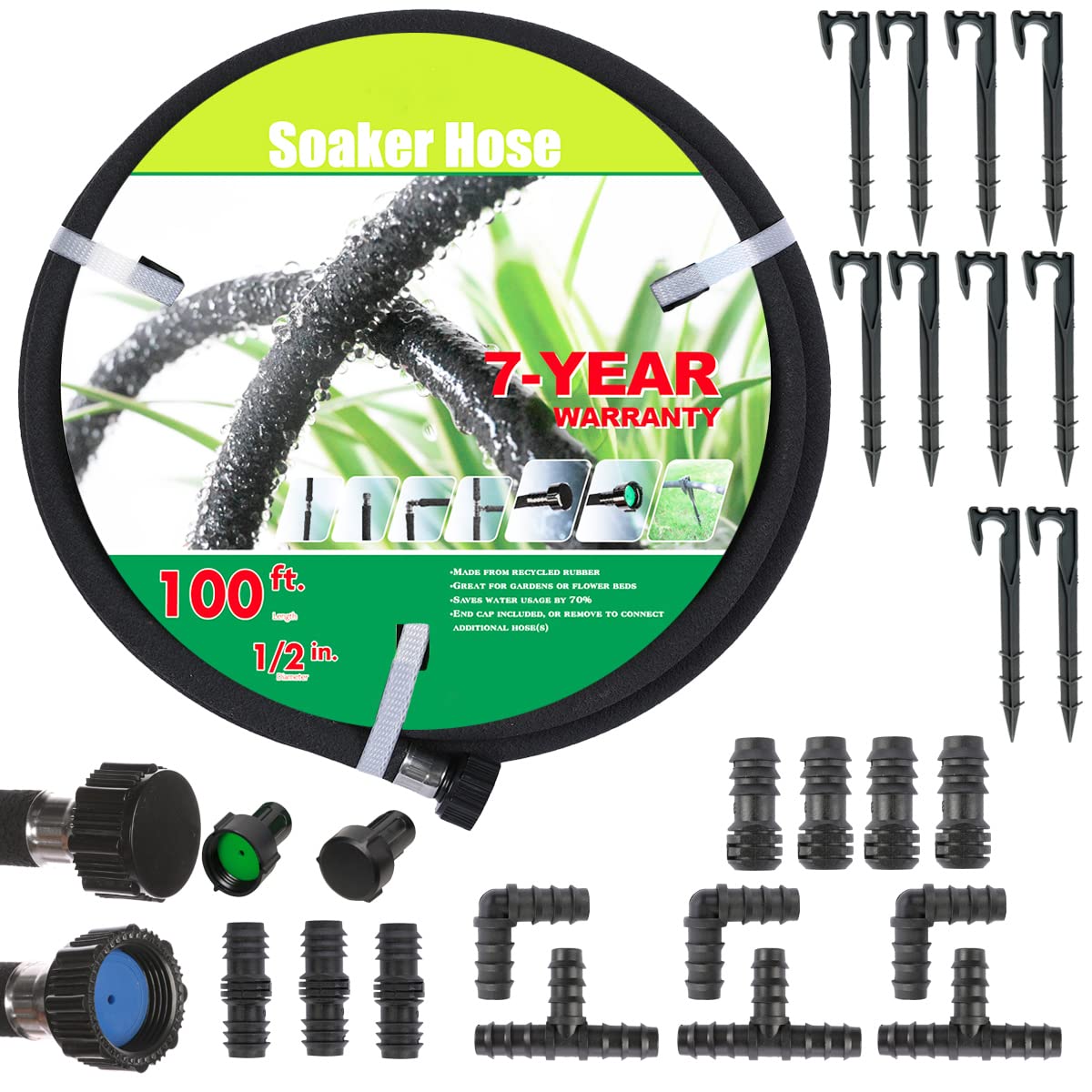 AEACUS Soaker Hose 1/2 inch x 100FT,Garden Hose With Fittings,Heavy Duty Soaker Hose-Saves 70% Water For Lawn(100FT).