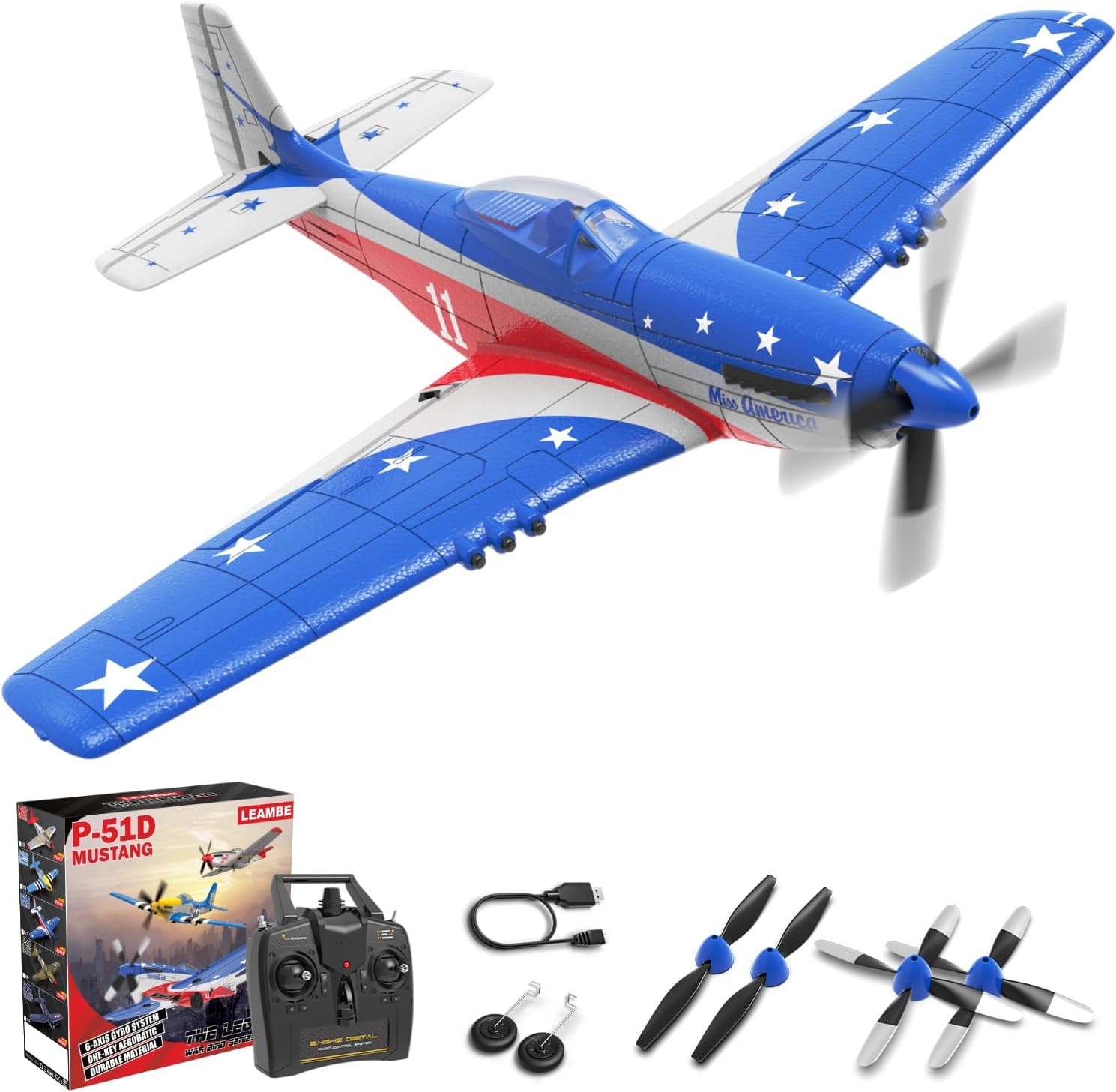 LEAMBE RC Plane 4 Channel Remote Control Airplane with 3 Modes - Ready to Fly Upgrade P51 RC Airplane for Beginners Adult with Xpilot Stabilization System & One Key Aerobatic Blue-Red