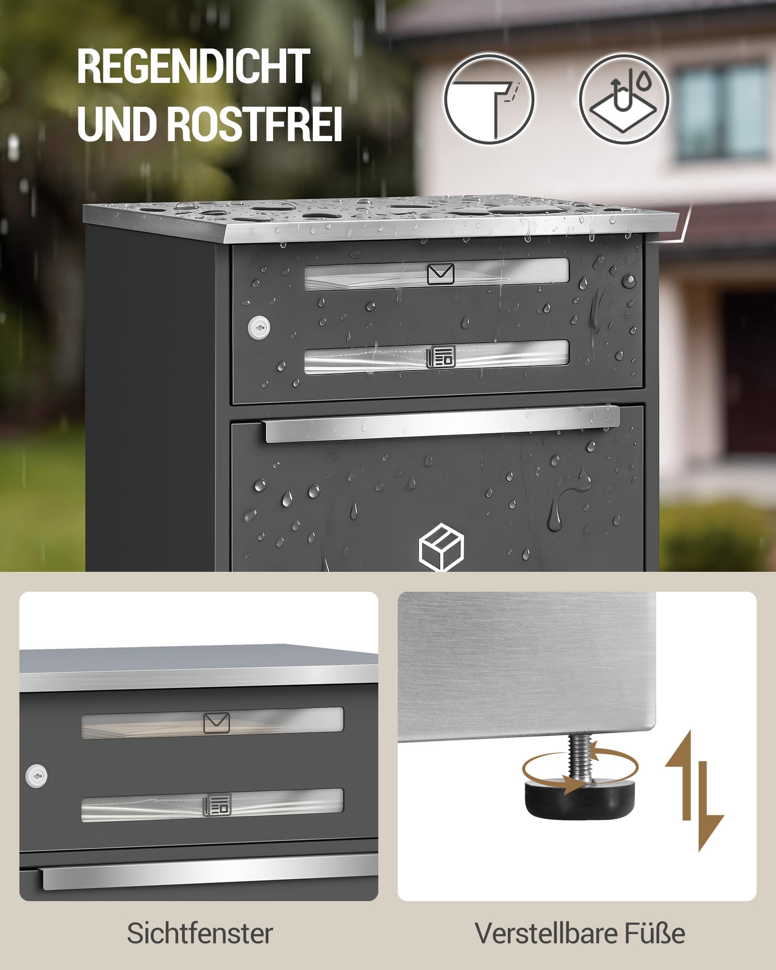 Hzuaneri Paketbox, Paketbriefkasten XXL mit Paketfach, Schwarz | Sichtfenster, Stahl, Abschließbar, Standbriefkasten für Pakete und Briefe, Wetterfester, 2 Schlüssel, MB10199GR