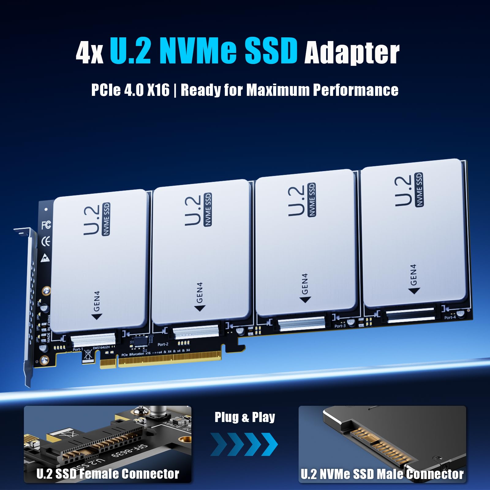 Adattatore PCIe X16 A 4 Porte U.2 SFF-8639 – PCIe 4.0 Per SSD U.2, Nuovo