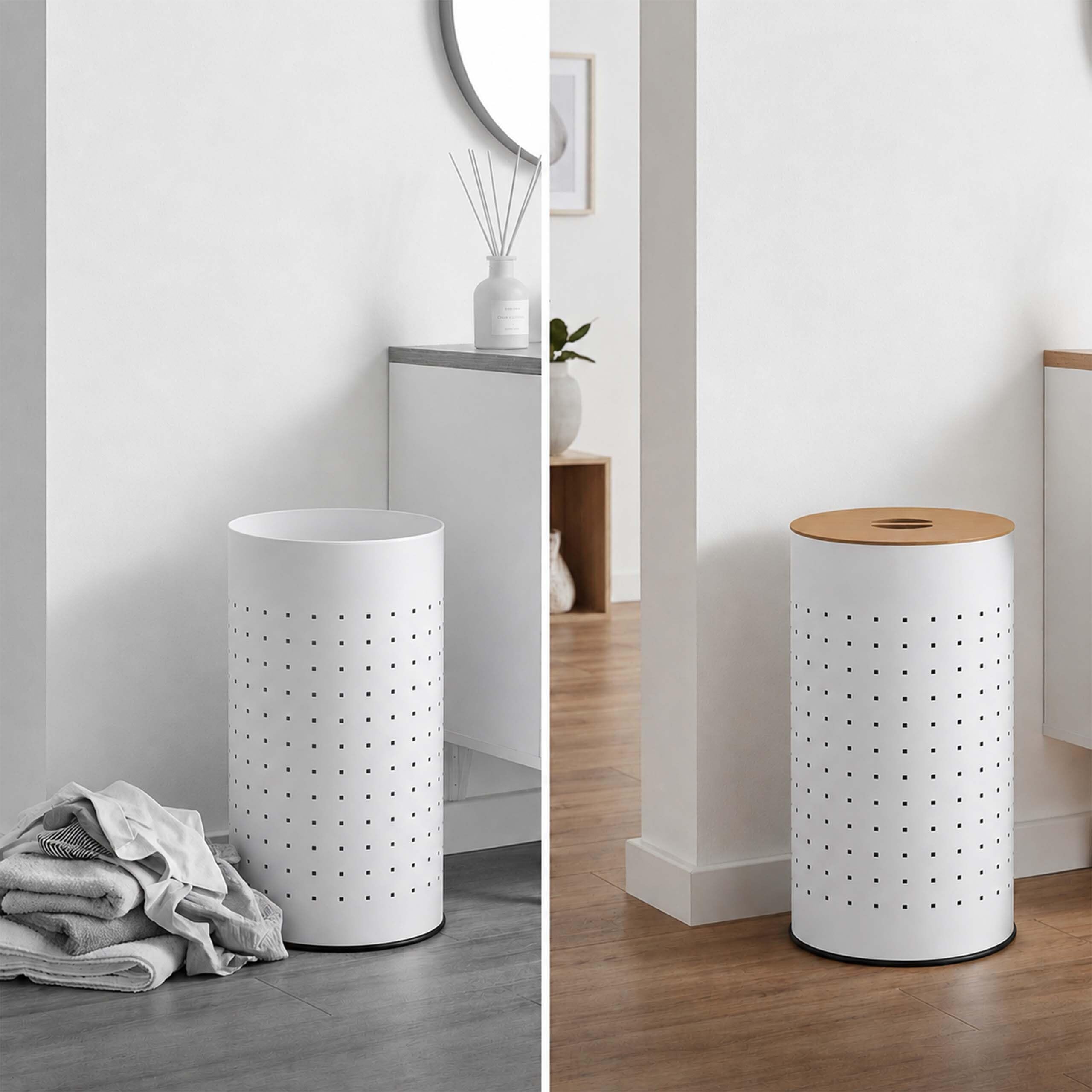 Relaxdays cesto portabiancheria con coperchio, metallo, bianco/naturale | 50 l, HxD: 57 x 35 cm, forato
