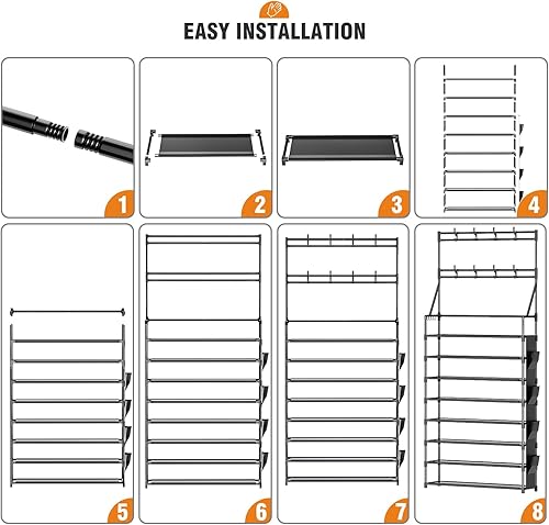 Miniatura 5 de OYREL Zapatero de 8 niveles grande organizador de zapatos de almacenamiento 32-40 pares de almacenamiento de zapatos de metal con ganchos y bolsillo