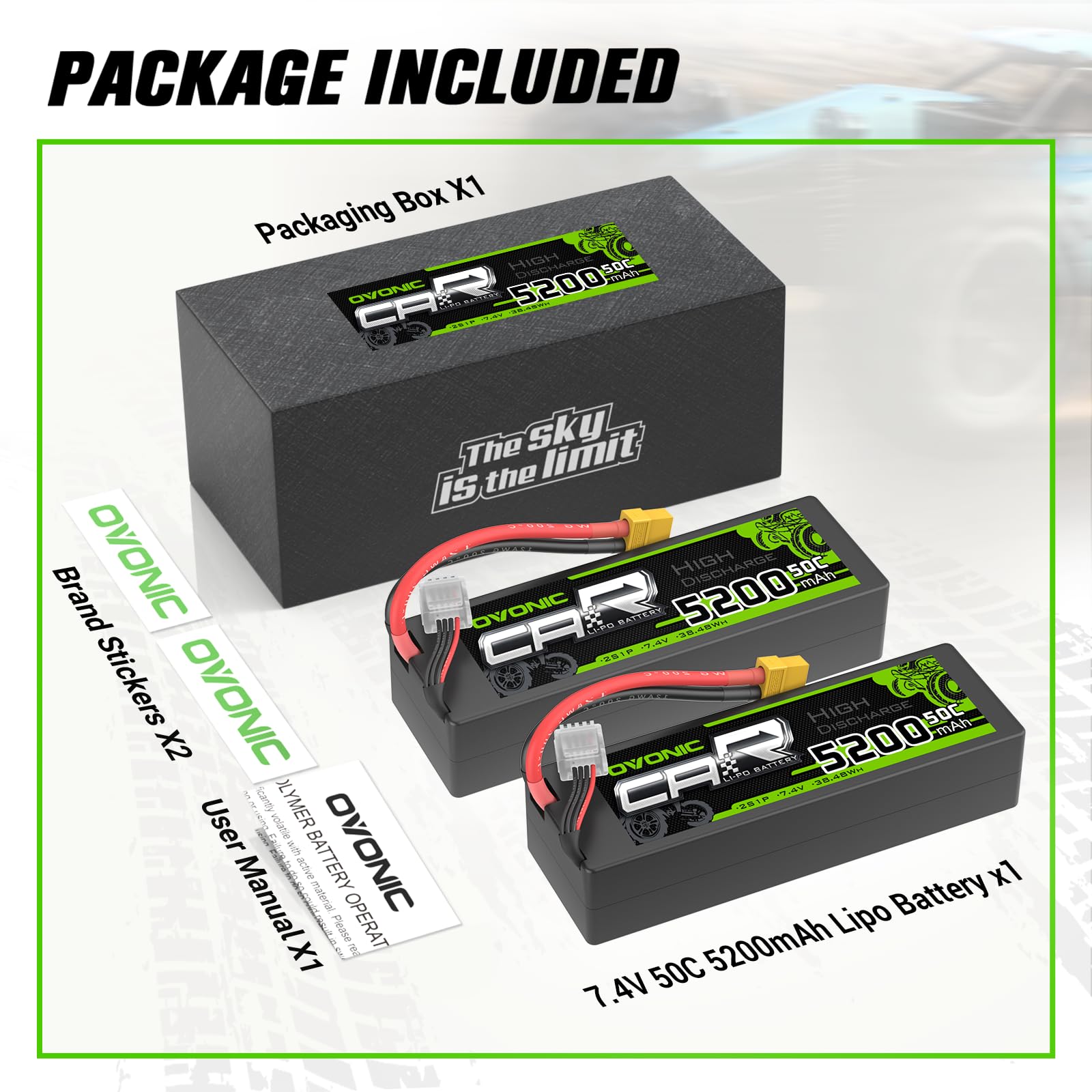OVONIC 2S Lipo Akku 5200mAh 7.4V 50C Hardcase Lipo Akku mit XT60 Stecker für 1/8 or 1/10 RC Car Trucks RC Flugzeug RC Hubschrauber RC Auto RC Boot(2PCS)