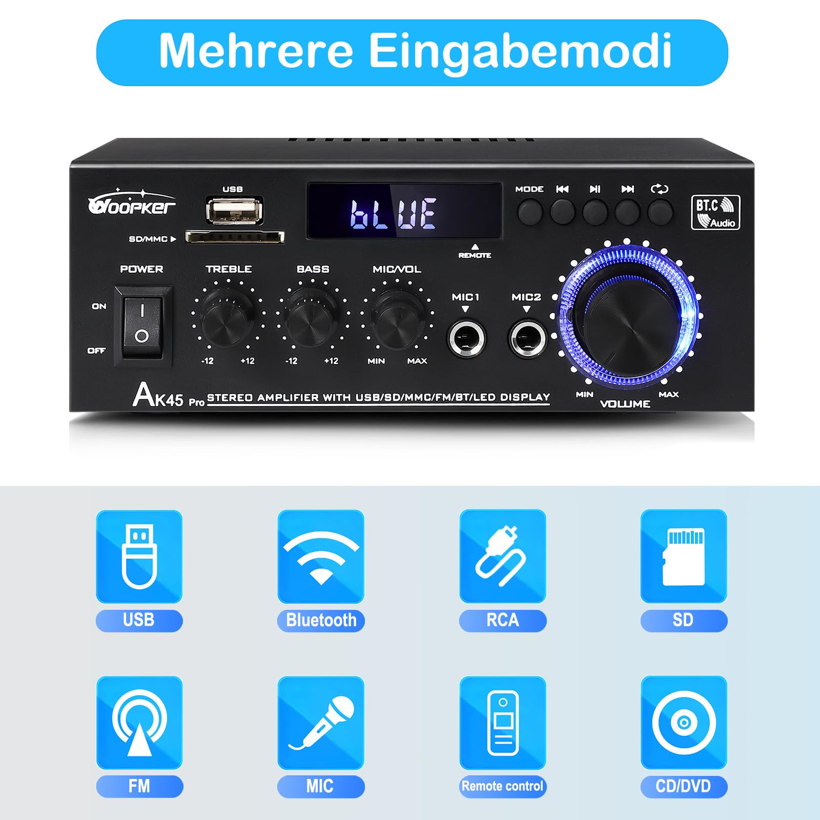 WOOPKER Wzmacniacz HiFi AK45 Pro Mini, Bluetooth 5.0, wzmacniacz stereo, 2-kanałowy wzmacniacz audio AV, odbiornik tonów wysokich i niskich z USB/RCA/MIC/Radio FM