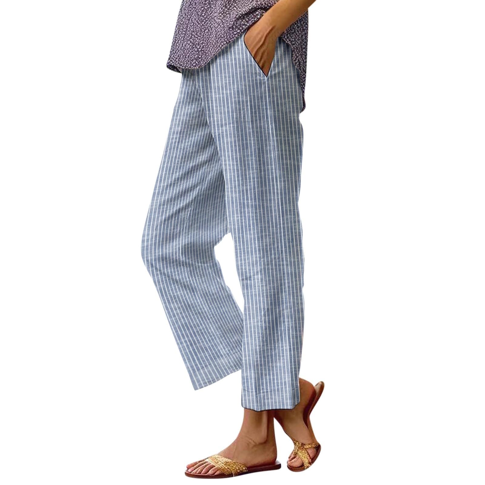 Side Stripe Linen Pants for Women Summer Beach Vacation Casual Clothes Lightweigt Straight Leg Trousers with Pockets