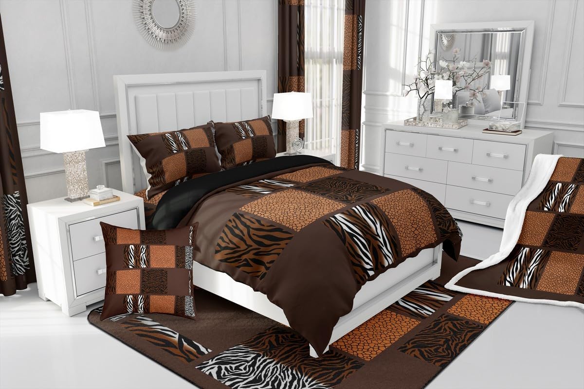 Leopard Zebra Fur Comforter Set,African Safari Wild Animal Cheetah Skin Brown Black Bedding Set for Kids Teens Bedroom,Geometric Grids Plaids Patchwork Quilt Set 2 Pcs with 1 Pillowcase,Toddler