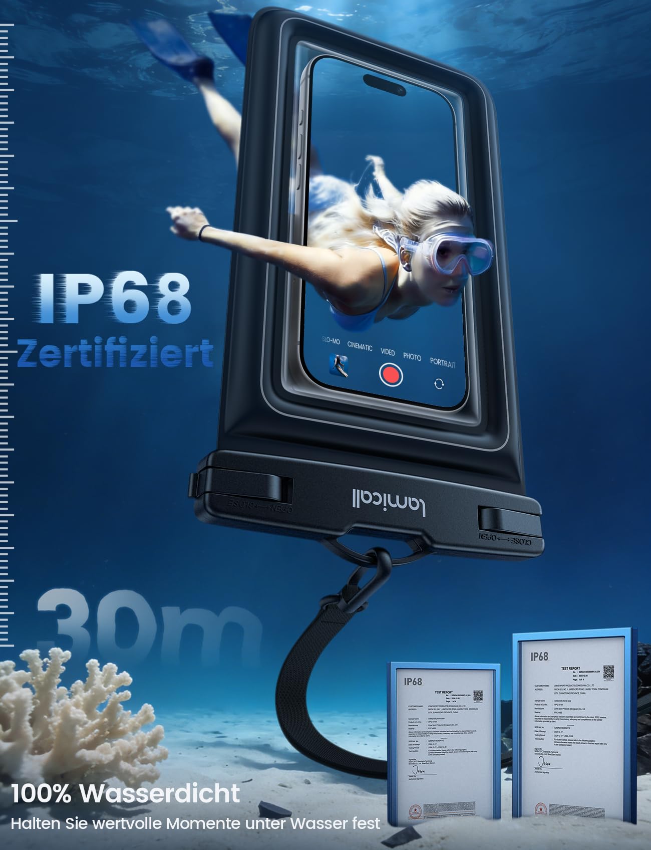 Lamicall IP68 wasserdichte Handyhülle, Unterwasser Handytasche - [Hoher Auftrieb] 2 Stück Wasserfeste Hülle für Schwimmen, 100% Waterproof Phone Case für iPhone 17/16/15, Smartphone bis zu 7,5 Zoll