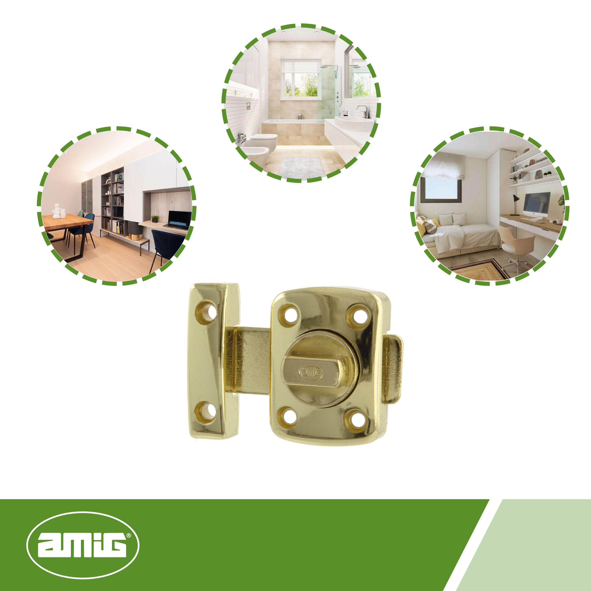 Amig - Perno sovrapposto - 40 x 56 mm - Adatto per porte di passaggio in legno - Chiusura cilindrica girevole - Chiusura per bagno, camera da letto o ufficio - Chiusura di sicurezza - Zama dorato