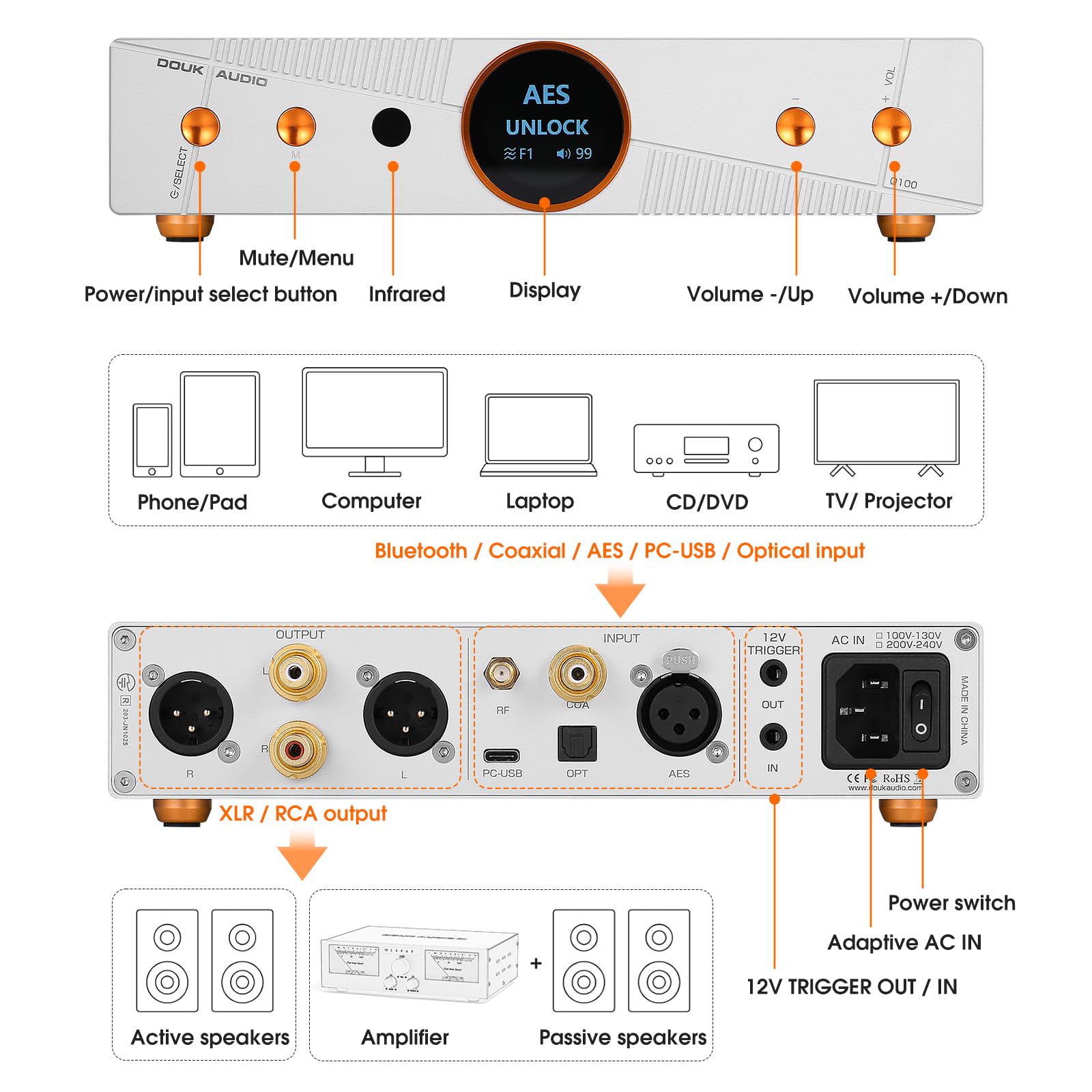 Douk Audio Q100 Balanced DAC: Hi-Res-DAC mit AK4499EX und AK4191 (PCM 768 kHz/32 Bit & DSD512) – Bluetooth 5.1 LDAC – XLR-/Cinch-Ausgänge für Audiophile und den Studioeinsatz
