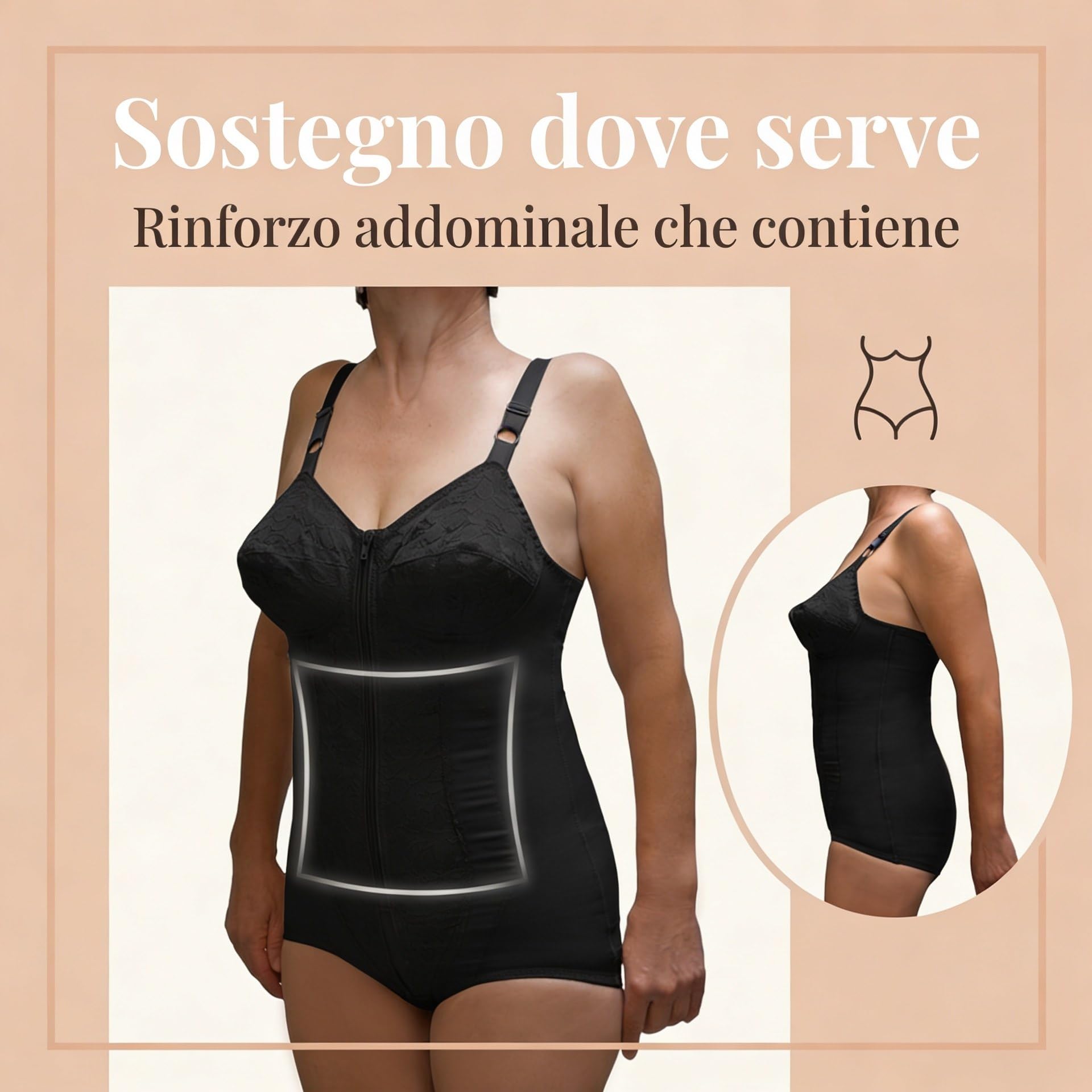 Body Contenitivo Donna con Coppe C/D Guaina Modellante con Ganci e Cerniera Frontale, Sostegno Schiena e Addome, Effetto Snellente, Made in Italy