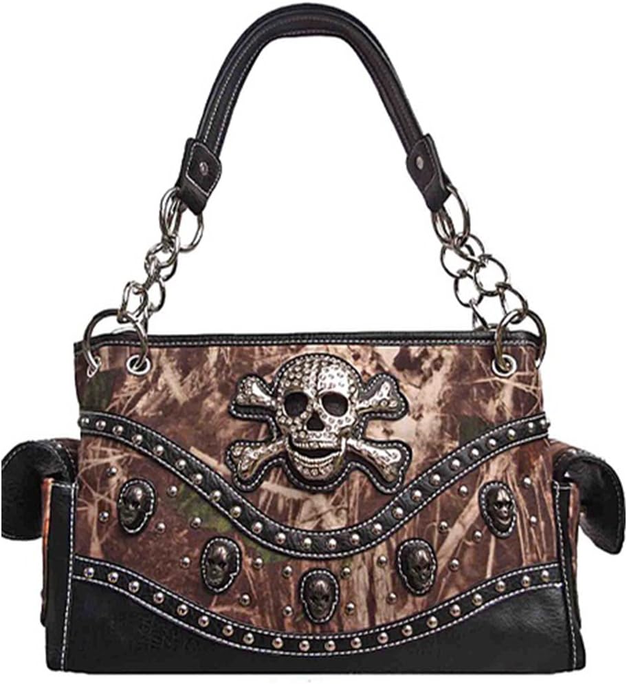 Camo Skull & Cross Bones Satchel Purse Chain Handles Camouflage