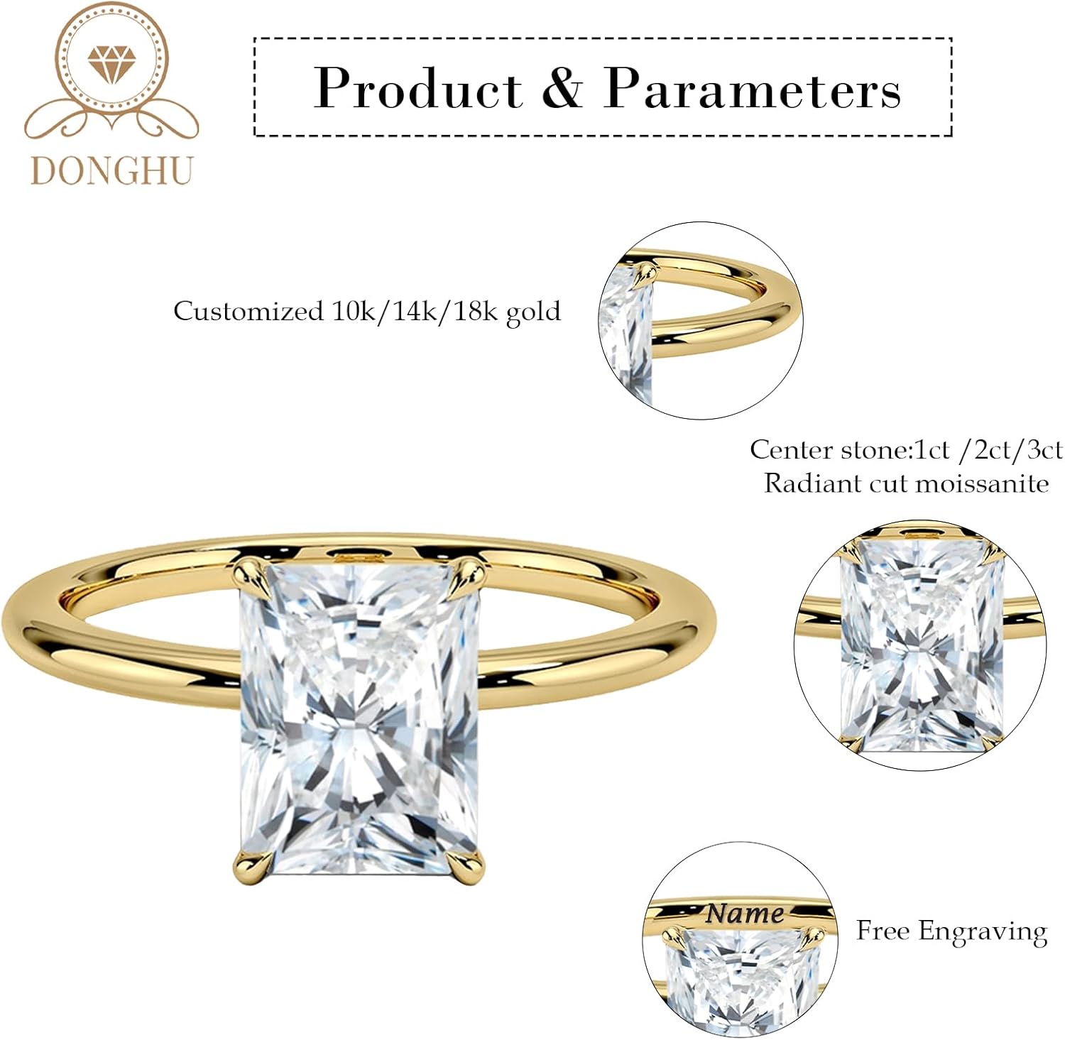 1ct/2ct/3ct Solid 10K 14K Gold Solitaire Radiant Cut Moissanite Engagement Ring for Women,D Color VVS1 Clarity Brilliant Cut Moissanite Wedding Bridal Promise Anniversary Ring Jewelry Gift