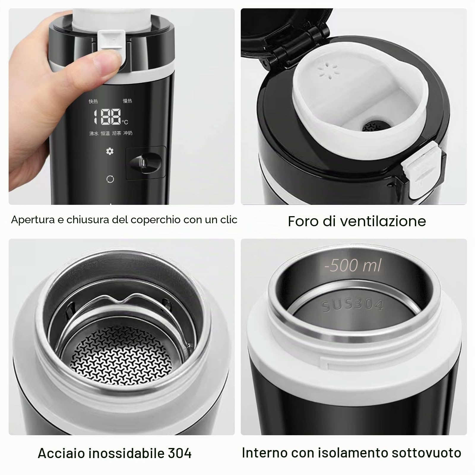PORFOYO Bollitore elettrico per auto, tazza da viaggio 24V/12V, bollitore elettrico da 500 ml, nero, in acciaio inox, con display per auto e viaggi