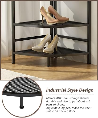 Miniatura 8 de Perchero esquinero de 4 niveles con almacenamiento de zapatos, árbol de entrada con banco y ganchos, estante de madera para ropa de esquina