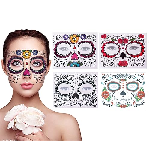 4 Pack Day of the Dead Sugar Skull Face Temporary