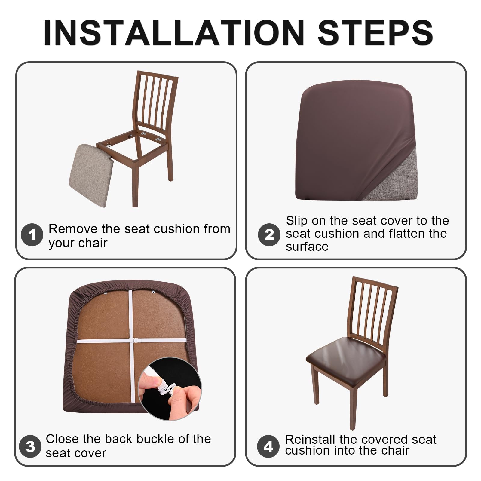 Alishomtll Juego de 4/6 fundas de asiento para sillas de comedor, fundas de piel sintética, impermeables, fundas de asiento extraíbles con hebilla de fijación para comedor, oficina, escritorio de