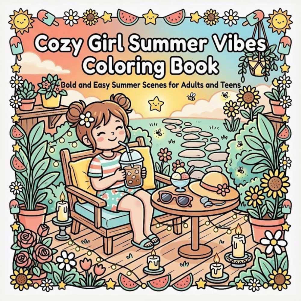 Cozy Girl Summer Vibes Coloring Book: Bold and Easy Summer Scenes for Adults and Teens