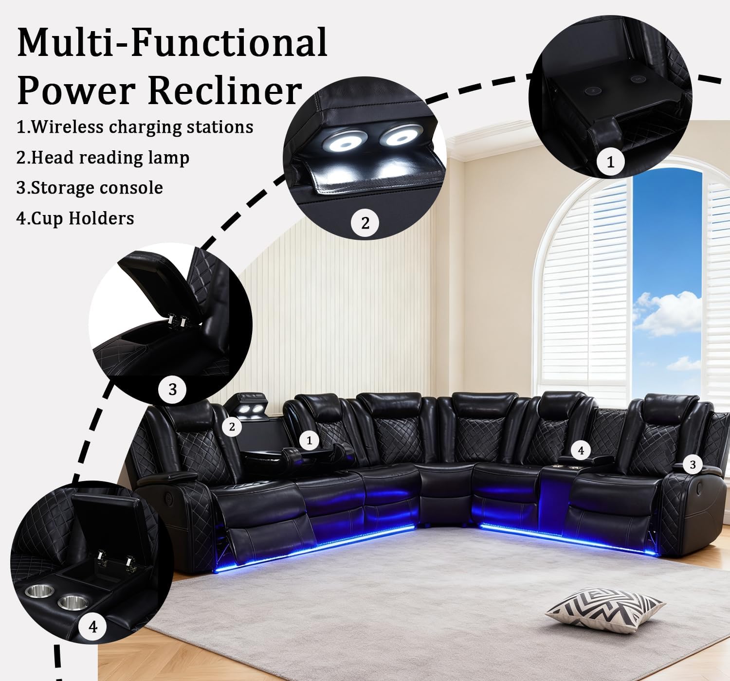 Power Leather Recliner Sectional Sofa with LED Lights,L Shaped Reclining Sectional Sofa, Modular Leather Couch with Coffee Table/Hidden Storage for Living Room(Black,6 Seater)