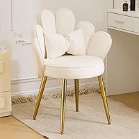VINGLI Petal Makeup Vanity Chair with Backrest - Cute Flower Girls Desk Chair, Comfy Velvet White Accent Chair No Wheels, Adjustable Gold Legs & Bow Pillow for Bedroom Office