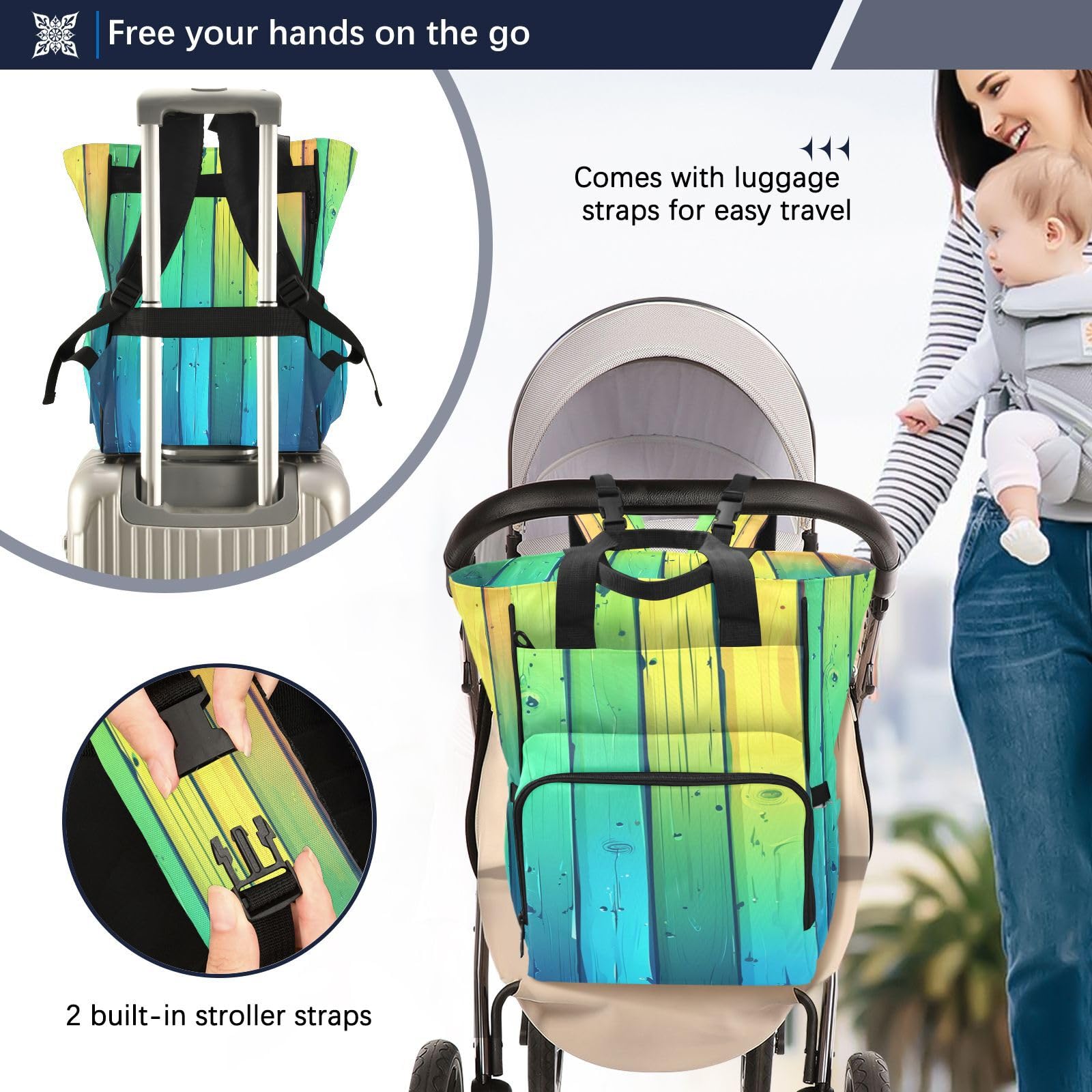Los Tablones De Madera Pintaron El Arco Iris Mochilas de Pañales para Gran Capacidad Pañal Bolso Mochila para Viajar al Aire Libre Mamá y Papá