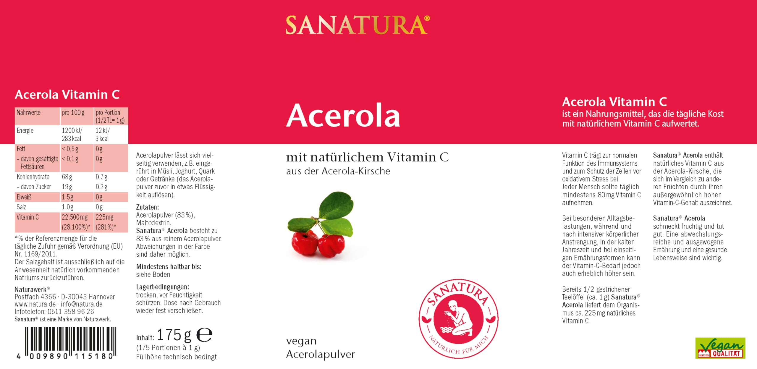 Sanatura Acerola Pulver 3 x 175 g (3er Pack) – natürliches Vitamin C hochdosiert – aus der Acerolakirsche – einfache Anwendung – sehr ergiebig – vegan