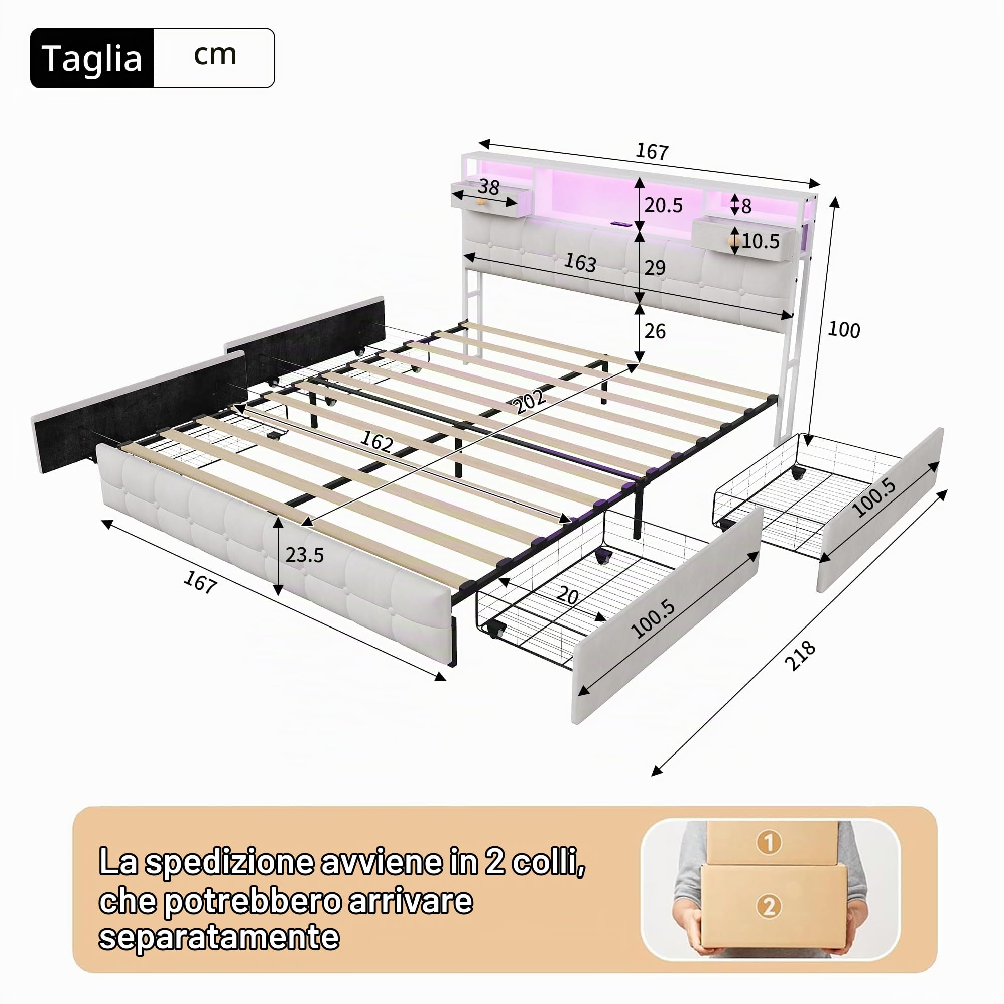 Letto imbottito 160 x 200 cm con LED e USB, telaio del letto con 4 cassetti, letto per adolescenti 160 x 200 cm con vano contenitore, letto matrimoniale con rete a doghe, telaio del letto