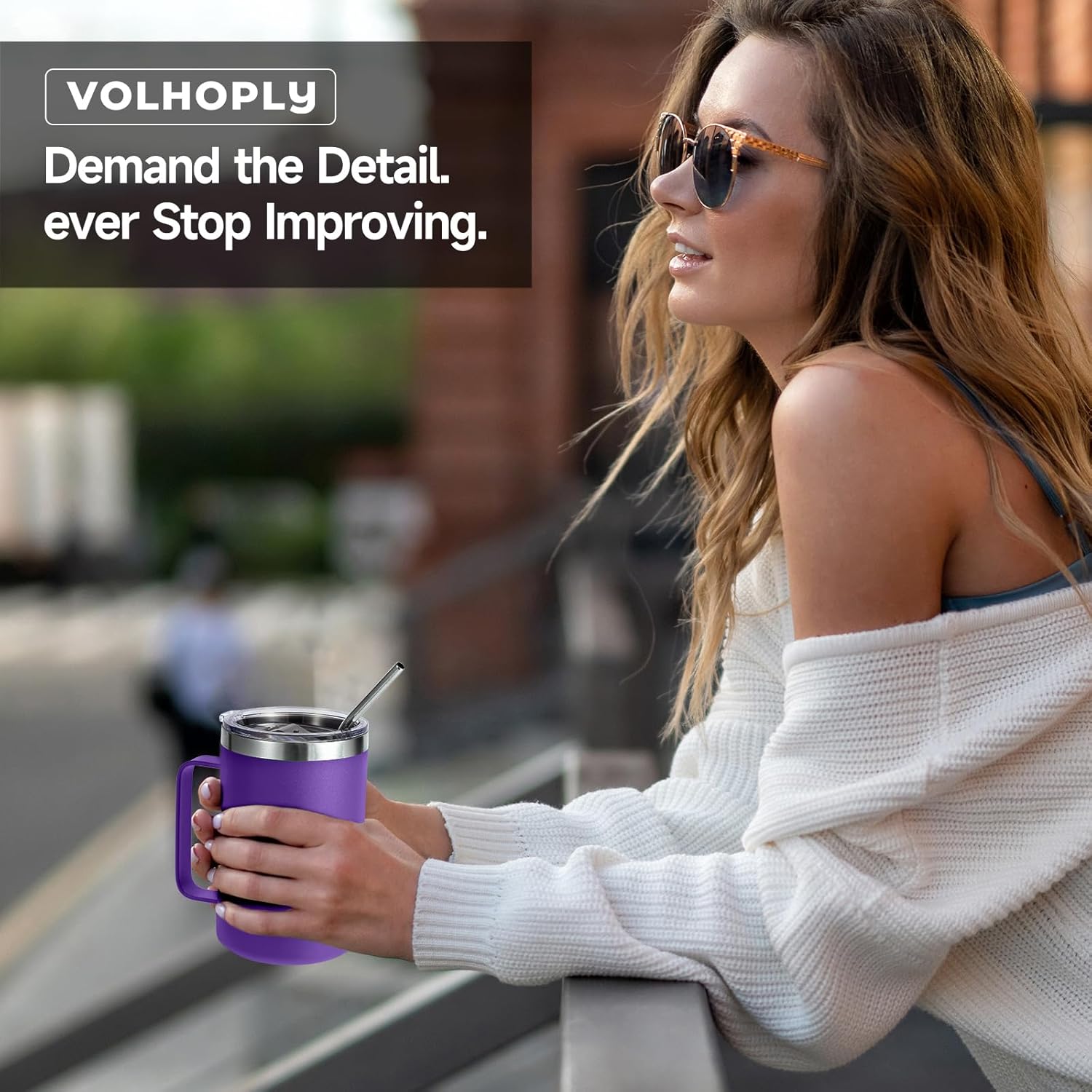 Volhoply 16oz Insulated Coffee Mug with Lid and Straw, Stainless Steel Travel Mugs with Handle, Double Wall Vacuum Leak Proof Coffee Tumbler Cup (Purple,1) - Image 7