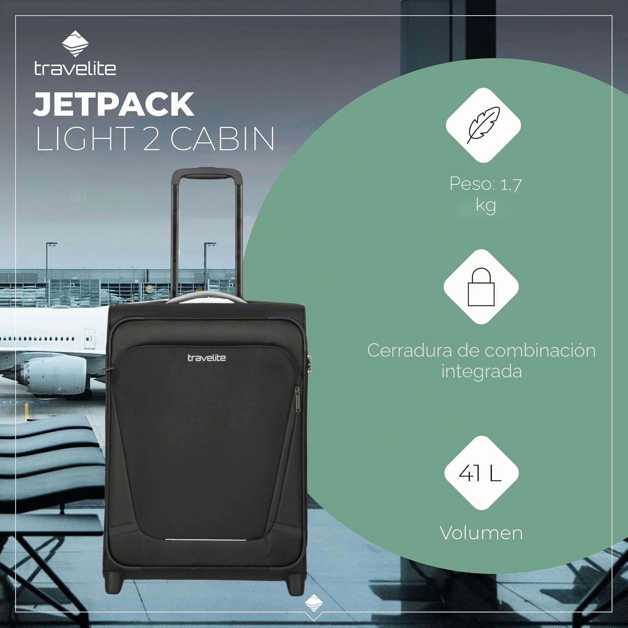 travelite Maleta de Equipaje de Mano con 2 Ruedas para Condor + Ryanair, Cerradura de combinación integrada, Trolley de Equipaje Blando superligero con función de Enganche, 55x40x20 cm, 41 l, 1,7 kg