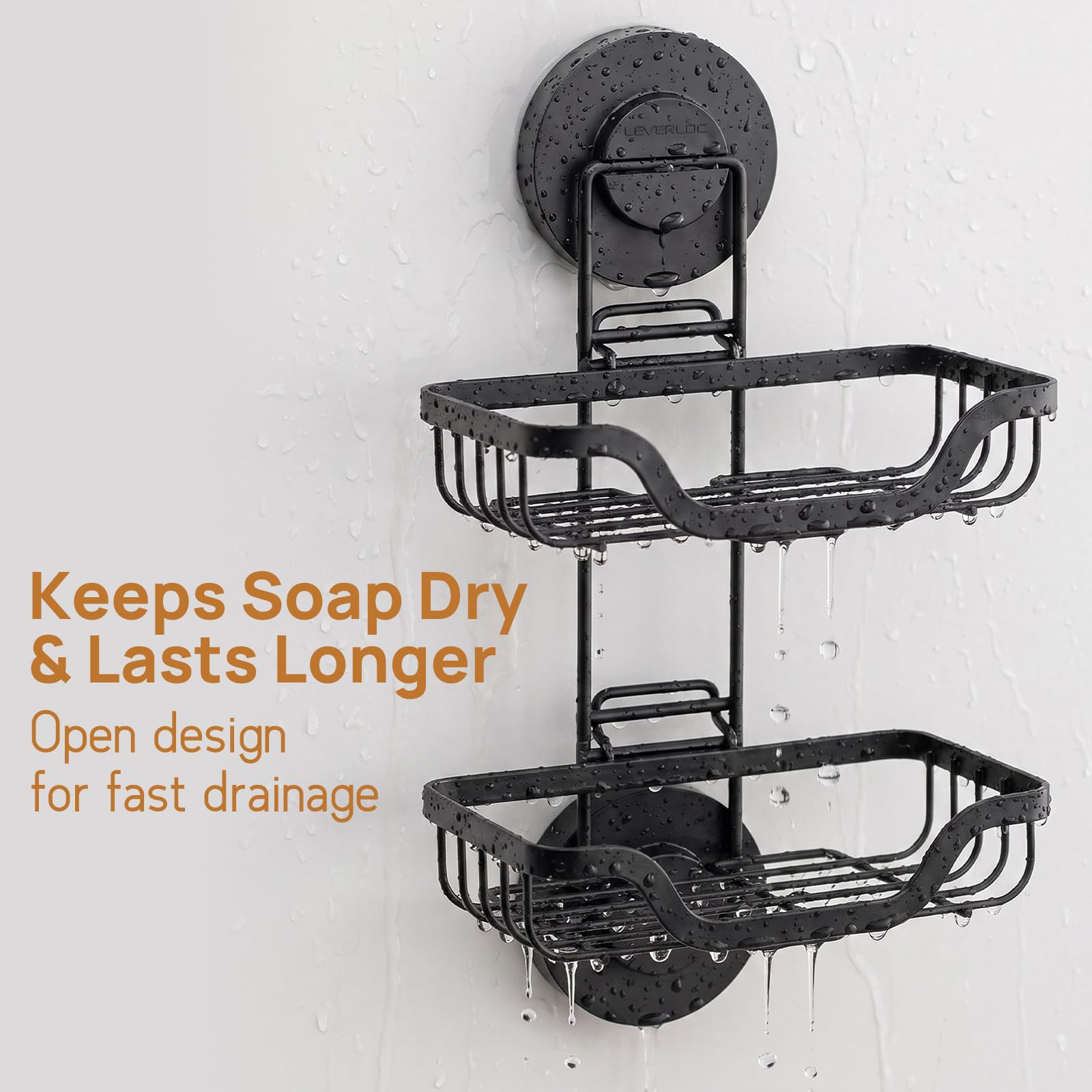 LEVERLOC Soporte de jabón de ducha con ventosa montado en la pared, jabonera de doble capa para ducha, baño, bañera y fregadero de cocina, soporte extraíble a prueba de óxido, color negro