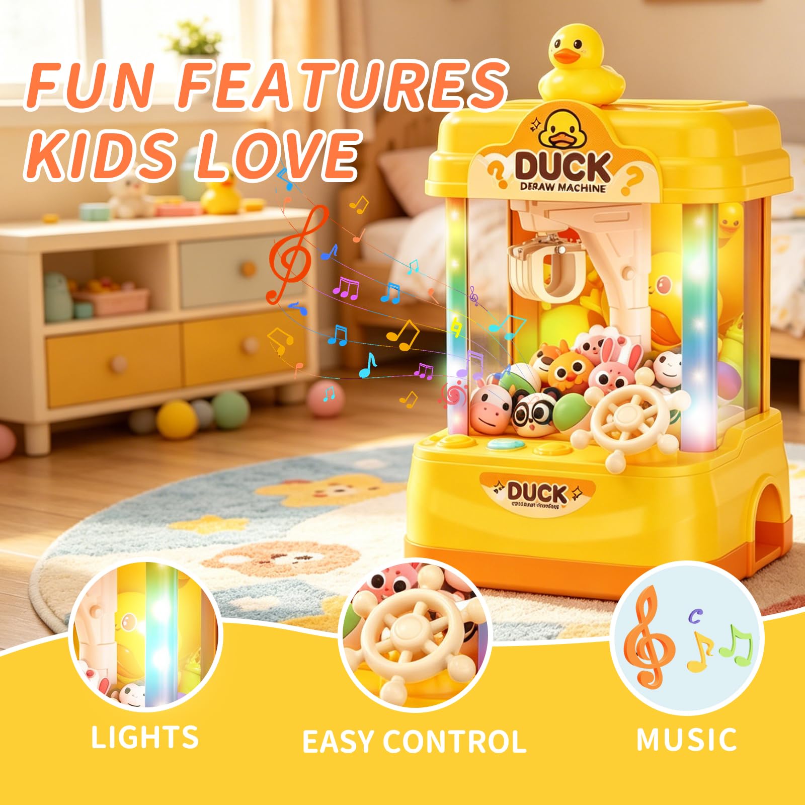 Macchina a forma di artiglio d'anatra per bambini, distributore automatico di giocattoli con premi in peluche, età 3+ | Grande gioco a premi arcade da 33 cm con luci, musica, capsule e comandi facili per feste di compleanno e giochi in famiglia.