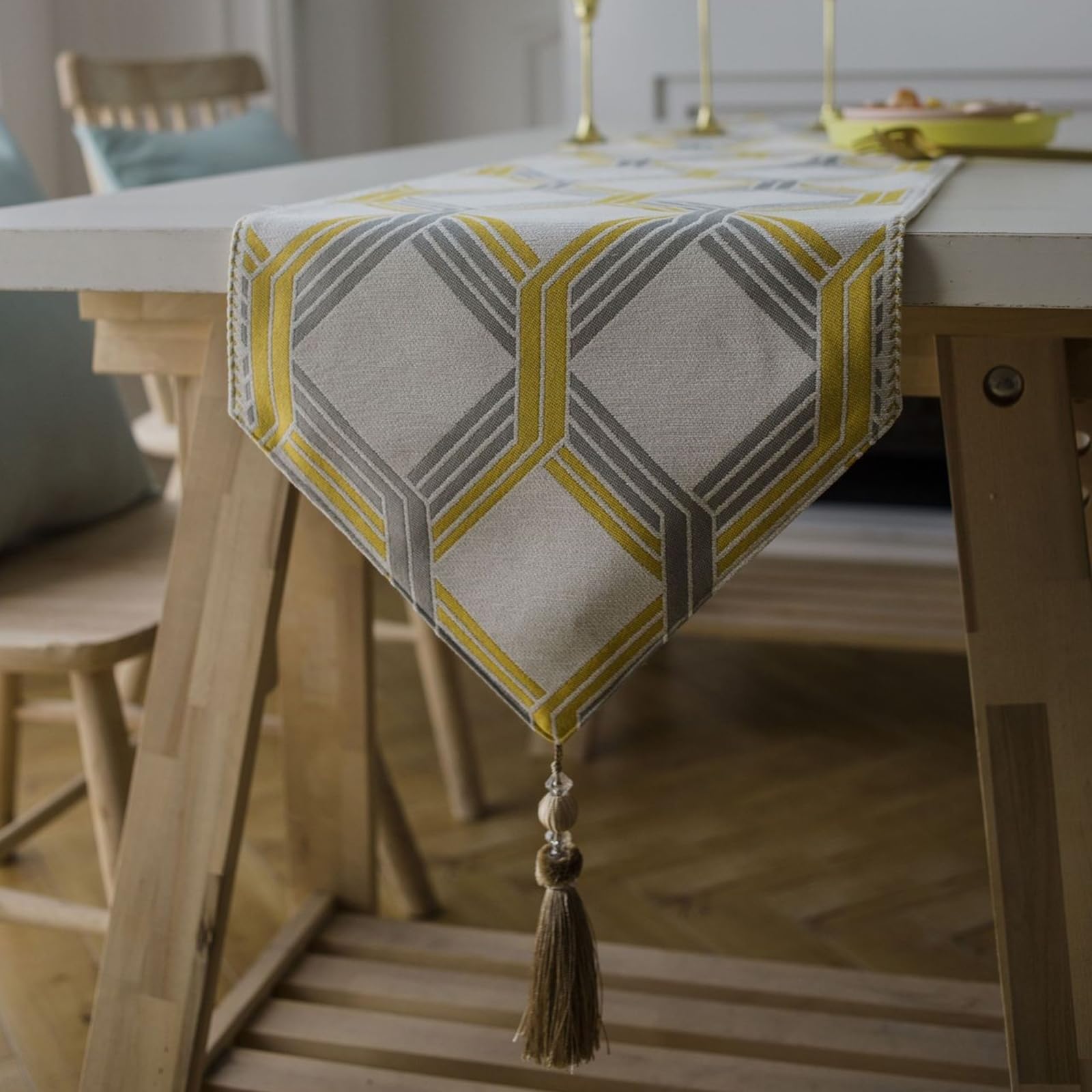 Tischläufer Polyester Landhausstil, Tischläufer Wohnzimmer 35x180 cm, Gestreifter Jacquard mit Quasten