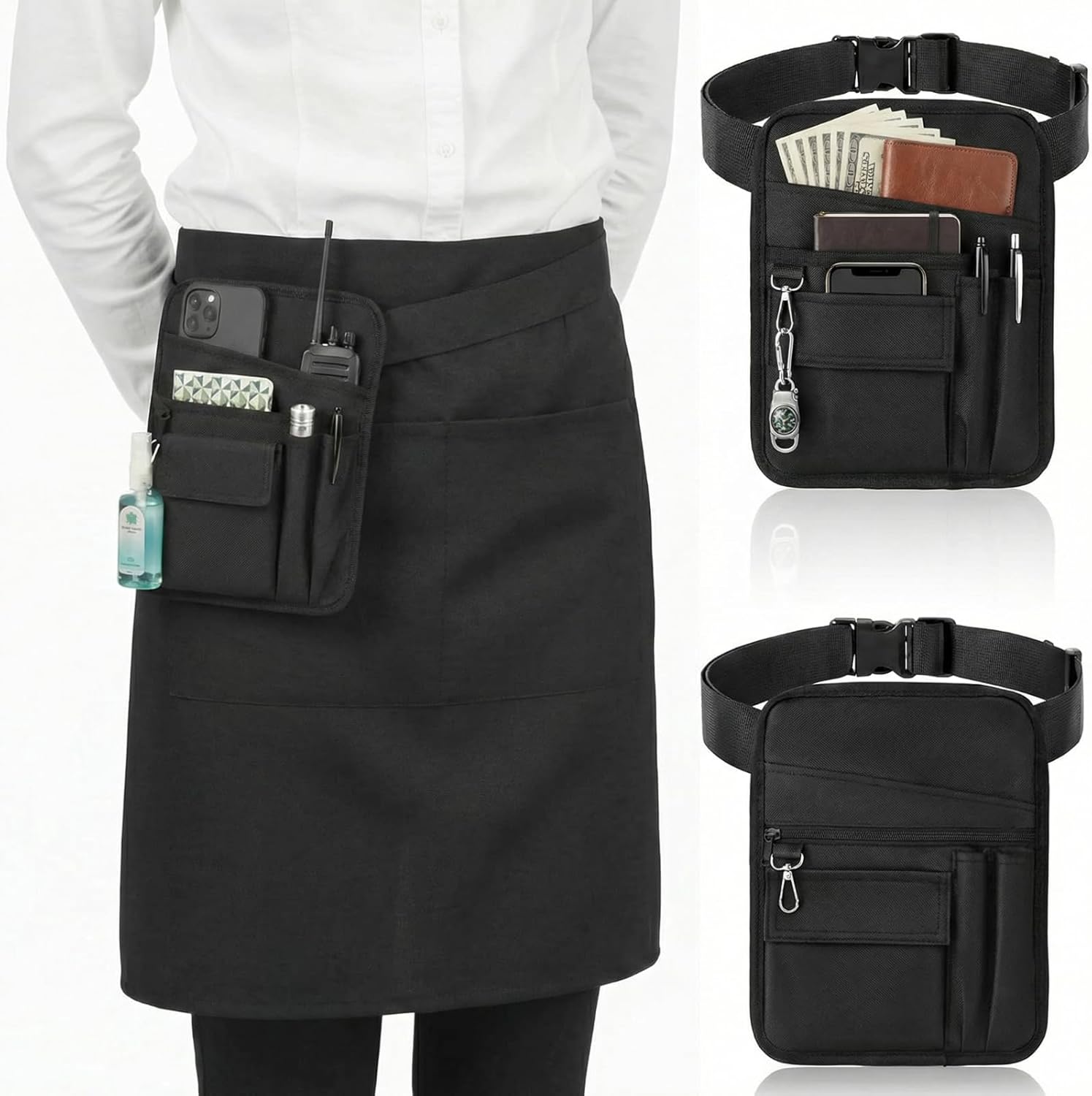 Shinylin Server Waist Pouch, 2 Pack Replaceable Restaurant Waitress Money Apron Bags Nurse Waist Pouch with Multiple Pockets Working Tools Bags for Waiter Waitress Nurse