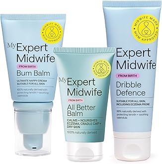 – My Expert Midwife Newborn Baby Mega Mild Skin Saviours Kit, Clean Natural Ingredients, Suitable for Sensitive Skin + Fragrance Free, Set of 3 with Baby Nappy Cream, All Better Balm, Dribble Defence
