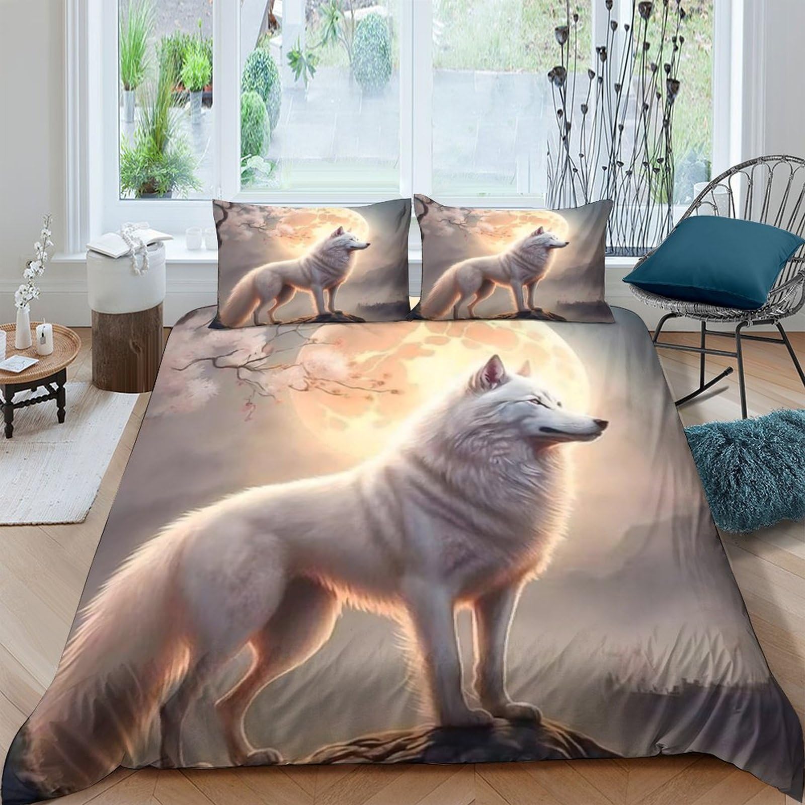 Ctjqhvkz Style-5 3D Printed White Wolf Fitted Sheet Microfiber Soft Anti-Slip Moonlight Bed Cover For Bedroom Guest Room Single（135X200cm）